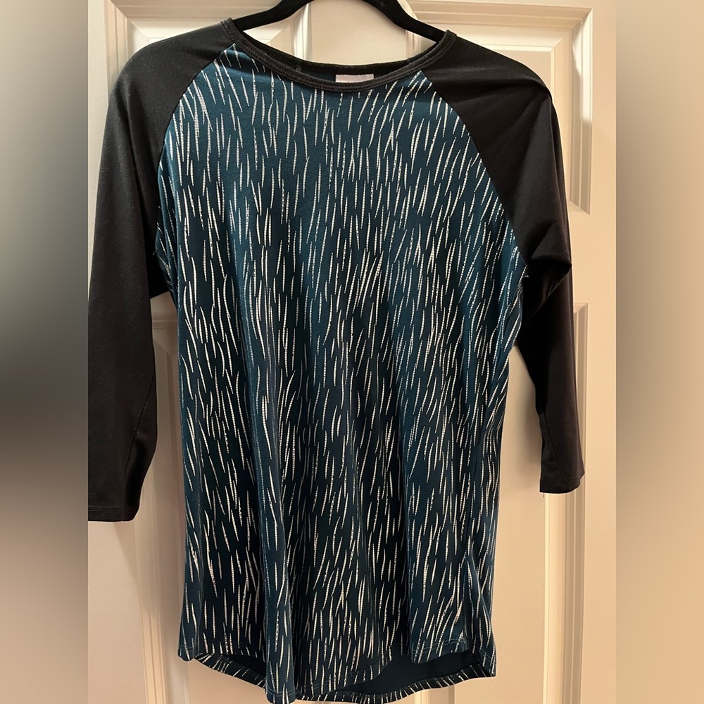 3/4 sleeve baseball tee shiny silver and teal